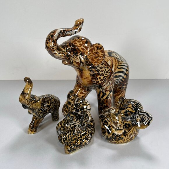 Elephant Family Figurine Set Patchwork Safari La Vie Trunk Up Decor - Picture 2 of 9